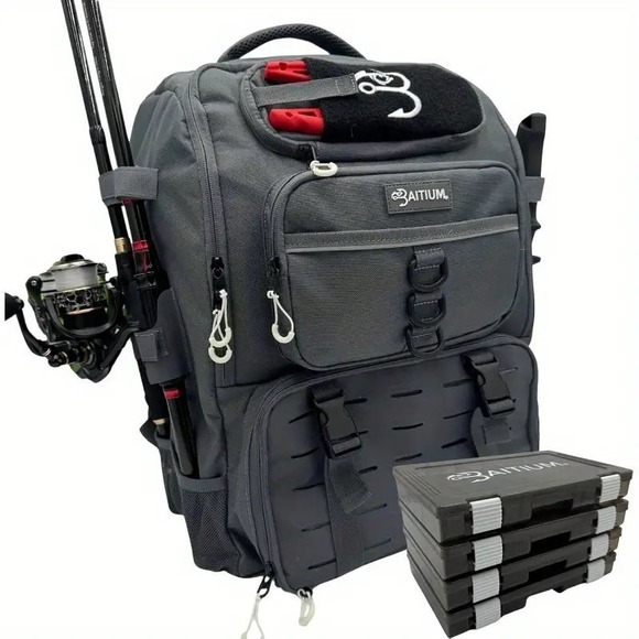 AITIUM Fishing Tackle Backpack With Rod Holder,Rain Cover 40L Cooler Gray NWT - Picture 4 of 9